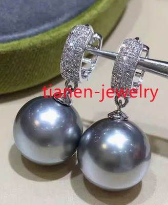 Hermosos Pendientes Colgantes AAA+ 12mm Redondos Gris Mar del Sur Concha Perla Foto 1 de 4