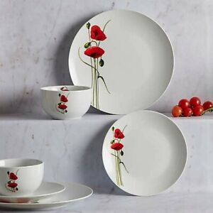Poppy Round 12 Piece Porcelain Dinner Set Plates Bowls White & Red