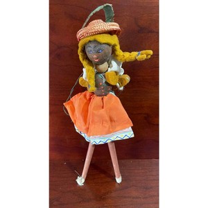 Vintage Wooden Girl Doll With Braids Woven Hat Feather Hand Painted Collectible