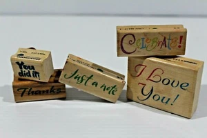 Lot - 5 Sayings Rubber Stamps You Did It Just a note Celebrate Thanks I Love You - Picture 1 of 3