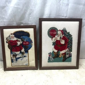 2 framed Coca Cola Santa Christmas needlepoint textile Xmas collectible art - Picture 1 of 10
