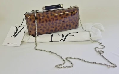 DIANE VON FURSTENBERG Patent Leopard Animal Print Tonda Clutch Silver Chain BNWT - Image 1 of 4