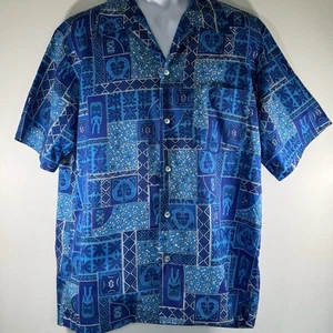 Pomare Hawaii Tiki Aloha Shirt Mens Hawaiian Button Up Blue Short Sleeve - Picture 1 of 24
