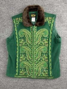 Bob Mackie Vest Womens Large Paisley Embroidered Fleece Faux Fur Collar Boho - Picture 1 of 7