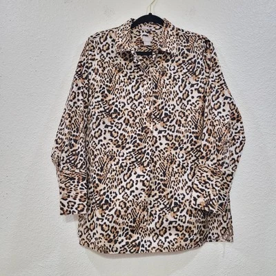Chicos Sz 2 (12/14) US L Cheetah Popover No Iron Tunic Top Cotton Spandex  Foto 1 de 4