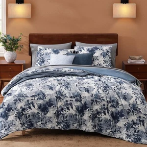 King Comforter Set, 7 PCS Navy Blue Floral Comforter Set with Flowers Leaves ... - Picture 1 of 9