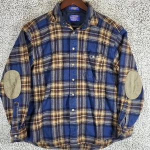 Pendleton XL 100% Virgin Wool Flannel Plaid Button Up Shirt Elbow Patch - Picture 1 of 8