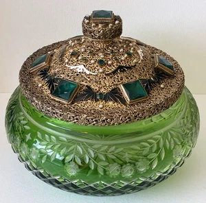 CAJA DE TOCADOR AUSTRIACA JOYA VIDRIO polvo tarro ormolu esmalte LATÓN joya incrustada - Imagen 1 de 18