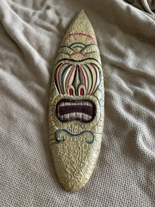 Vintage Wooden Tiki Wall Plaque 6” x 21” Hand Carved & Painted - Picture 1 of 10