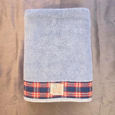 1 Vtg Ralph Lauren Bath Towel Blue w/Red White Americana Trim Made in USA - Image 1 of 4