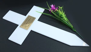 CROSS GRAVE MARKER MEMORIAL ACRYLIC SIGN WITH SMALL ENGRAVED PLAQUE FUNERAL PET - Picture 1 of 31