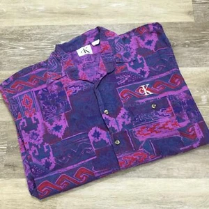 CALVIN KLEIN 100% Cotton Short Sleeve Purple Print Button Down Shirt Mens Size S - Picture 1 of 8