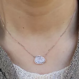 Uneven Blue Moonstone Gemstone & Natural Diamond 14k Solid Yellow Gold Necklace - Picture 1 of 10