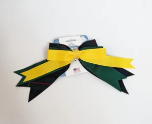 Schoolbelles Navy Blue Green Plaid Yellow Triple Cheer Bow Hair Clip Barrette - Picture 1 of 3