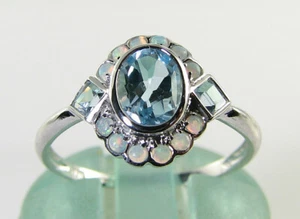 DAINTY 9k 9CT WHITE GOLD AQUAMARINE OPAL ART DECO INS CLUSTER RING Size Q 1/2 - Picture 1 of 5