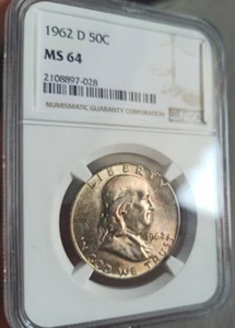 SILVER 50 Cents 🔷 Franklin Half Dollar 1962 D 🔷 USA AMERICA 🔷 UNC NGC M64 - Picture 1 of 2