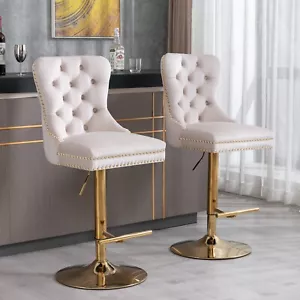 A&A Furniture Thick Golden Velvet Barstools, Adjustable Height 27-35", Modern - Picture 1 of 12