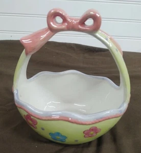 Ceramic Easter Basket Dish Ribbon Flowers Spring - Picture 1 of 7