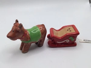 Russ Berrie & Co Christmas Ceramic Salt & Pepper Shakers Reindeer and Sleigh NEW - Picture 1 of 3