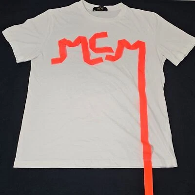 MCM 徽标橙色胶带印花 T 恤男式大号白色意大利制造 100% 棉 — 第 1/4 张图片