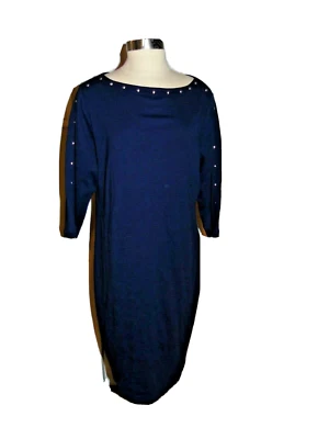 Karen Scott Sport Woman 0X Blue dress Boat Neck Studs 3/4 sleeve NEW - Image 1 of 4