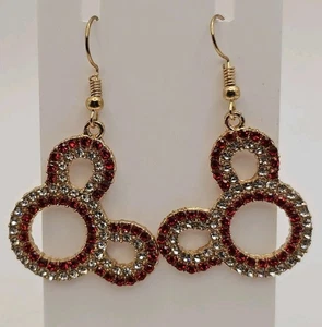 Goldfarbene rote & weiße Strass Kristalle Maus Ohren Ohrhänger - Bild 1 von 7