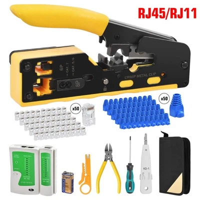 Cat7 Werkzeug Set Crimpzange Netzwerkstecker 10 Stecker RJ45 UTP Netzwerktester - Bild 1 von 4