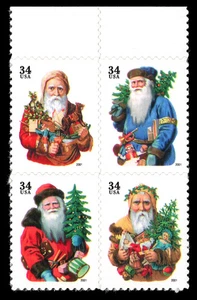US Scott # 3540b, Santa Chromolithographs, Block of (4) 2001 34¢ Stamps, MNH - Picture 1 of 1