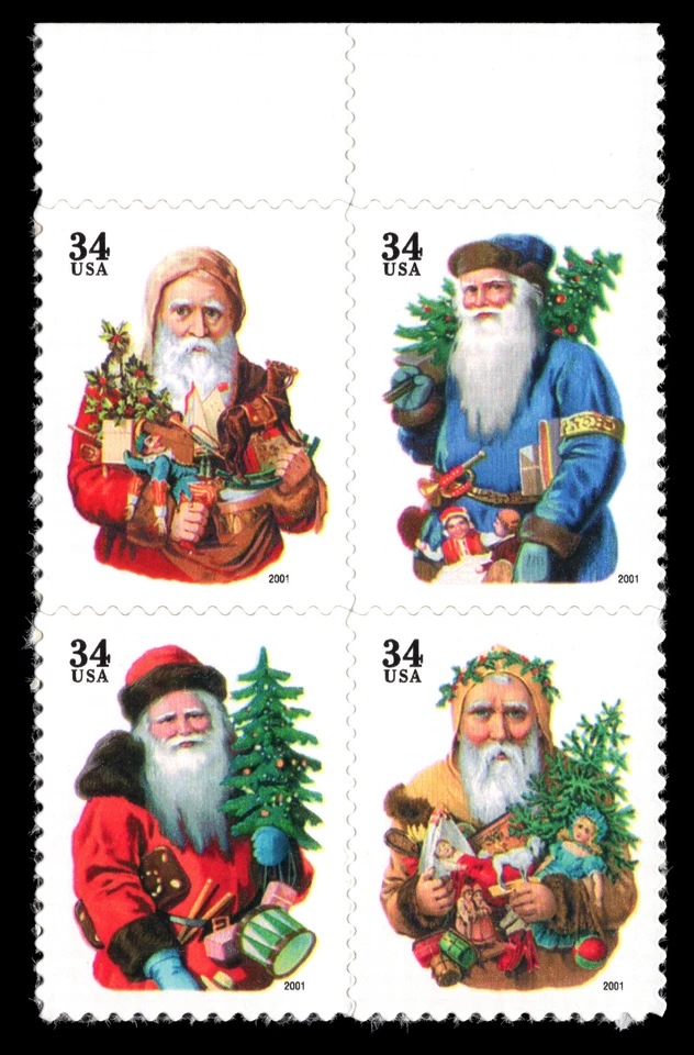 US Scott # 3540b, Santa Chromolithographs, Block of (4) 2001 34¢ Stamps, MNH - Image 1 of 1