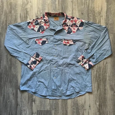Camisa Vintage Años 60 Sears Western Wear Perla A Presión Paisley Floral Cambray Talla XL Foto 1 de 4