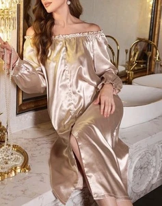 Vtg Style Glossy Off Shoulder Satin Gold Long NIGHTGOWN Sleep Dress L NEW! - Picture 1 of 7