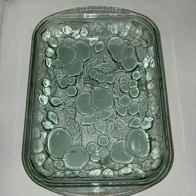 Sage Green Libbey “Orchard Fruit” Glass Cake Baking Dish Textured Bottom 9 X 13 - Image 1 of 4