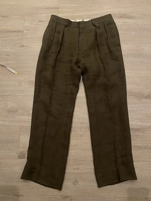CORNELIANI Hopsack Polo Ralph Lauren  100% Linen Pleated Italy Pants Olive 32 - Image 1 of 4