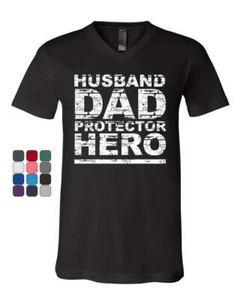 Husband Dad Protector Hero V-Neck T-Shirt Father's Day Daddy Parenthood Tee - Picture 1 of 4