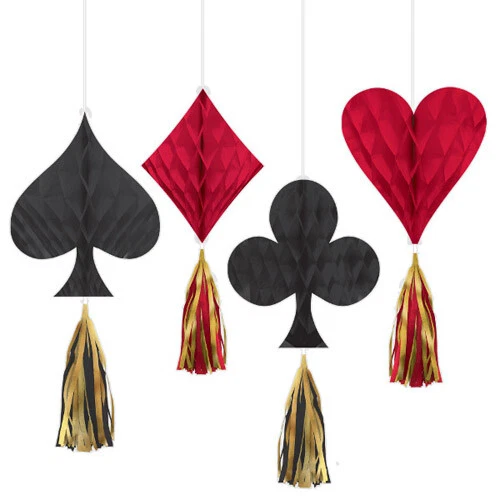 CASINO NIGHT HONEYCOMB DECORATIONS w/ TASSELS (4) ~ Birthday Party Supplies Red - Image 1 of 1