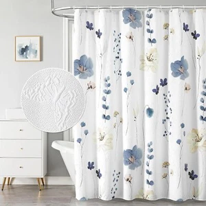 Watercolor Floral Shower Curtain,Embossed Butterflies,Waterproof Fabric Textured - Picture 1 of 8