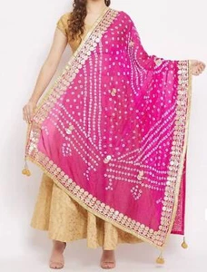 Womens Jaipur Rajasthani Bandhani Bandhej Art Pink Silk Dupatta With Gota Work - Picture 1 of 4