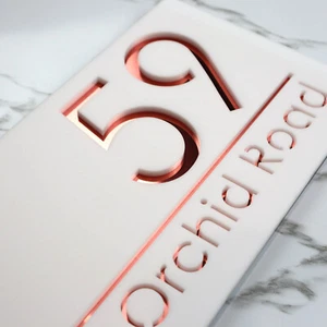 Laser Cut House Plaque Matt White Perspex & Rose Gold Numbers 300mm x 160mm - Picture 1 of 8