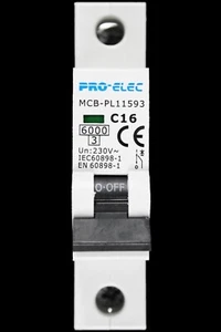PRO-ELEC 16A C Type MCB 6ka Circuit Breaker Electrical Lighting MCB-PL11593 230v - Picture 1 of 5