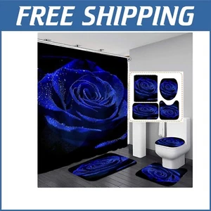 Waterproof Royal Blue Floral Shower Curtain with Soft Non-Slip Bath Rugs - Picture 1 of 10