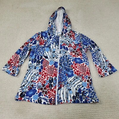 Christopher Banks Jacket Womens Small Blue Red White Floral 3/4 Sleeve Hooded - Image 1 of 4
