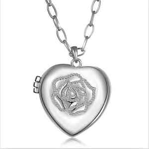 New 18K White Gold GF Hollow Heart Locket Crystal Rose Pendant Necklace Stunning