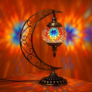 Hortsun Turkish Lamp Moon Shaped Moroccan Mosaic Stained Blue - Picture 1 of 6