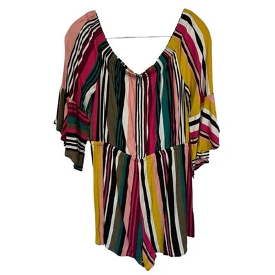 Express Off The Shoulder Striped Romper L Multicolor Cottage Boho Festival  - Изображение 1 из 4