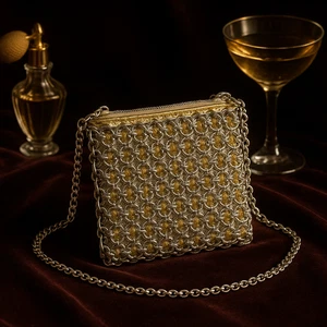 Bolso de hombro vintage Wallace Hong Kong dorado plata cota de malla metálica - Imagen 1 de 7