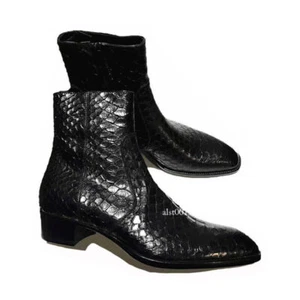 British Style Mens Real Leather Chelsea Ankle Boots Cuban Heel Snakeskin Printed - Picture 1 of 12