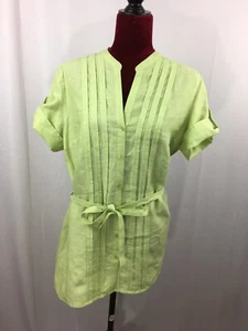 TU Damen Leinen Tunika Knopfleiste V-Ausschnitt Prediger Kragen Shirt grün Größe 14 - Bild 1 von 8