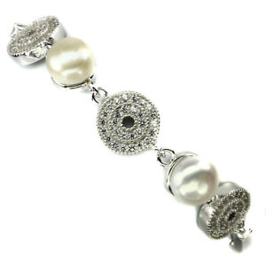 White Pearl Simulated Cz White Gold Plate 925 Sterling Silver Bracelet 7.5inches