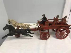Heavy vintage Cast Iron 2 Horse Drawn Fire Patrol Wagon Toy Red 18" With Firemen - Picture 1 of 16