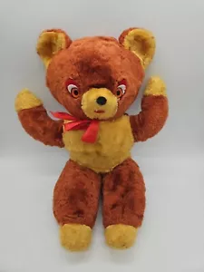19 Inch Vtg BROWN TEDDY BEAR HAND SEWN SAW DUST Red Ribbon Rushton? MOHAIR - Picture 1 of 7
